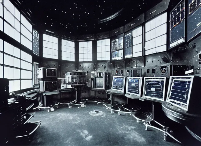 Prompt: realistic photo interior of the spacious chrome metal polished sci - fi medieval expensive room observatory scientific interior with dozens of computers and displays 1 9 9 0, life magazine reportage photo