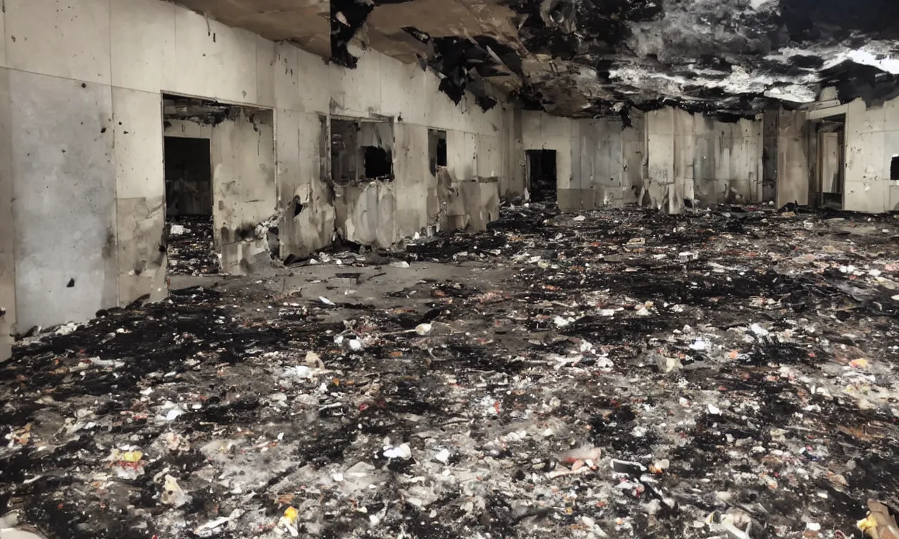 Image similar to backrooms abandoned mall, moldy walls and garbage on fire