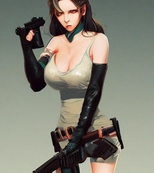 Image similar to pretty woman holding a gun, by wlop, rain, poster, anime key visual, artstation