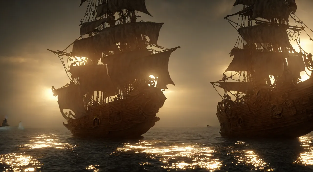 Image similar to ghost pirate ship with a pirate on the foreground, highly detailed, photorealistic portrait, bright studio setting, studio lighting, crisp quality and light reflections, unreal engine 5 quality render