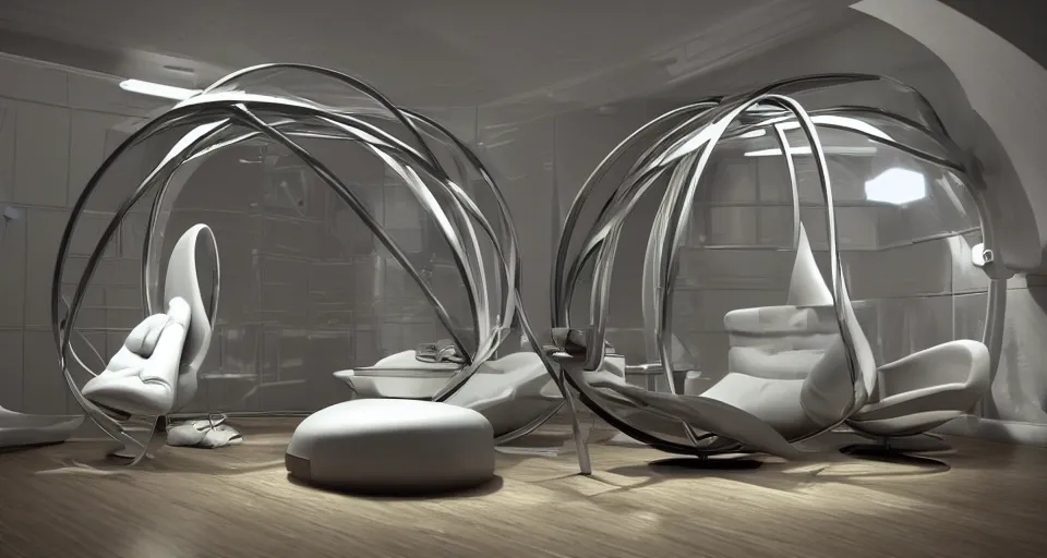 Prompt: small intimate indoor home design shot. futuristic sci - fi professional lighting. masterpiece. digital artstation render of a slick futuristic starwars environment by john harris. tensegrity captain's chair integrated into a giant button laden cylindrical station inspired by the shape of a hooded chrome egg avocado bean armature on a dais.