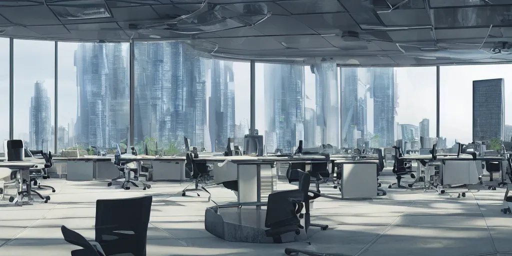 Image similar to a solarpunk office with levitating chairs, windows of a futuristic city in the background hyper - realistic digital art