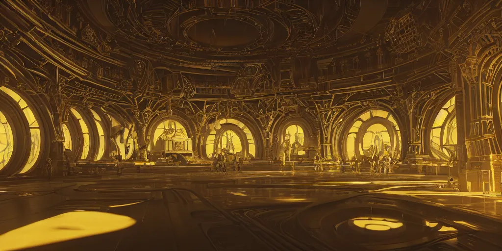 Image similar to cel shaded cinematic shot of the interior of a sci-fi space station with ornate architecture with a giant golden statue in the middle, bustling with people and flying cars, epic castle, gothic architecture, emerald, crystalline, detailed illustration, sharp focus, concept art, unreal engine, octane render, god rays