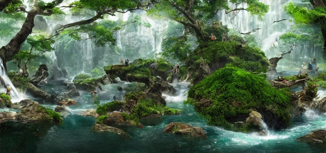 Image similar to a beautiful futurist forest island with waterfall floats in the air, matte painting, 4 k, details