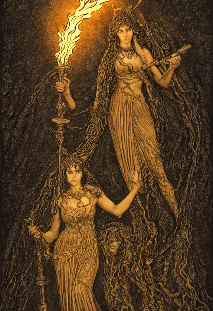 Image similar to tarot card of hecate the gloomy and beautiful goddess of witchcraft, torches, ancient keys, smokes, gustave dore, franklin booth, andrey remnev, trending on artstation, exquisite details, risography print, 4 k, 4 k