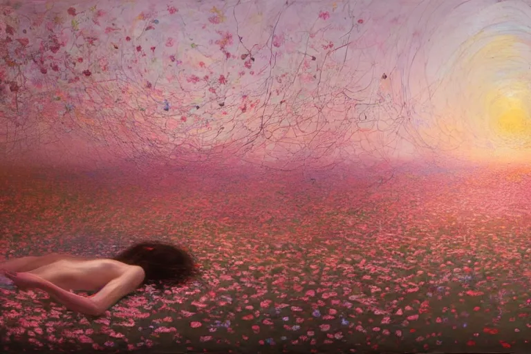 Image similar to # # human bodies entwined # # in a river of flowers in soft dreamy light at sunset, soft focus, extremely intricate and detailed, by painted by francis bacon, adrian ghenie, jenny saville and james jean. 8 k cinematic lighting, hyper realism