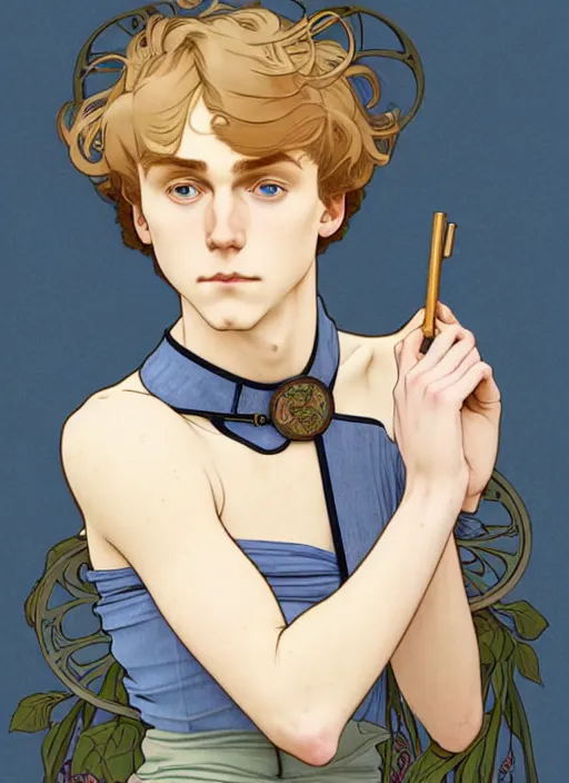 Image similar to art nouveau portrait of a pretty young man with short light brown straw blond hair, light blue eyes, sad expression, scared, head down, shy and demure, wearing a choker collar, natural lighting, path traced, highly detailed, high quality, cartoon, digital painting, by don bluth and ross tran and studio ghibli and alphonse mucha