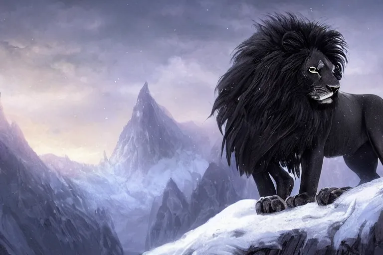 Image similar to Magnificent black lion with wings on a beautiful fantasy landscape, mountainside, winter, dusk, HD, illustration, epic, D&D, fantasy, intricate, elegant, highly detailed, digital painting, artstation, concept art, smooth, sharp focus, illustration, wallpaper, art by artgerm and greg rutkowski and alphonse mucha and jin xiaodi