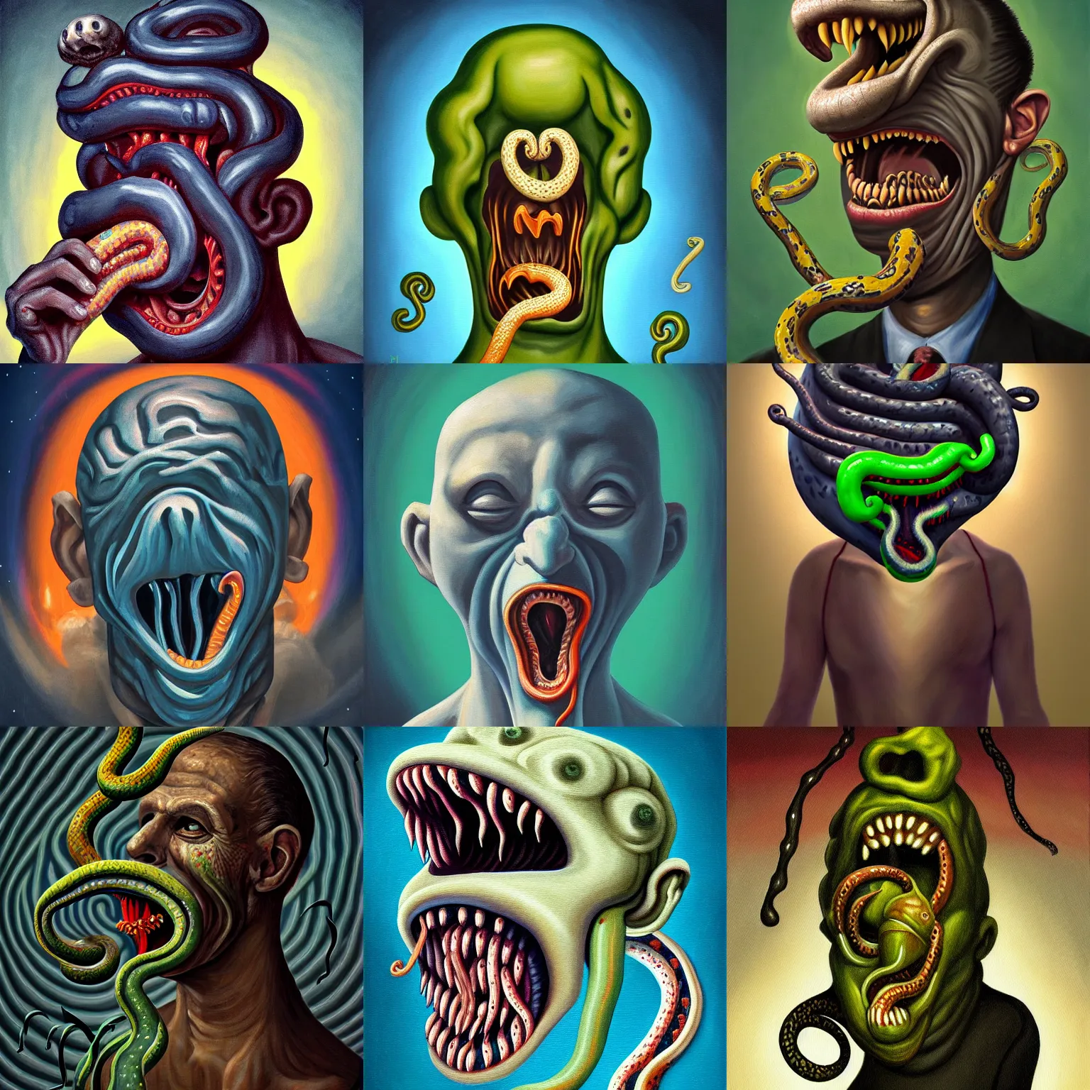 Prompt: a painting of a disembodied screaming man's face with snakes coming out of his ears eyes nose and mouth, a surrealist painting, polycount, behance, surrealism, surrealist, lovecraftian, cosmic horror, grotesque