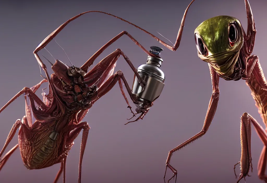 Prompt: a highly detailed mantis - like alien creature escaping from the inside!!!! of a flask! in a biotech lab, from love death and robots ( 2 0 1 9 ). coherent portrait, intricate, elegant, suspense environment, digital photo, trending on artstation, hdr photo, smooth, sharp focus