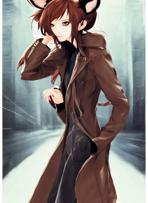 Prompt: portrait illustration by shigenori soejima, beautiful girl with fox ears, focus on face, pretty, cinematic lighting, painterly, long wavy orange hair, light brown trenchcoat