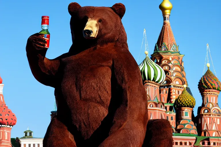 Prompt: a gigantic statue of bear holding a bottle of vodka in the middle of the red square, excited russians, symmetry, awesome exposition, very detailed, highly accurate, 8 k