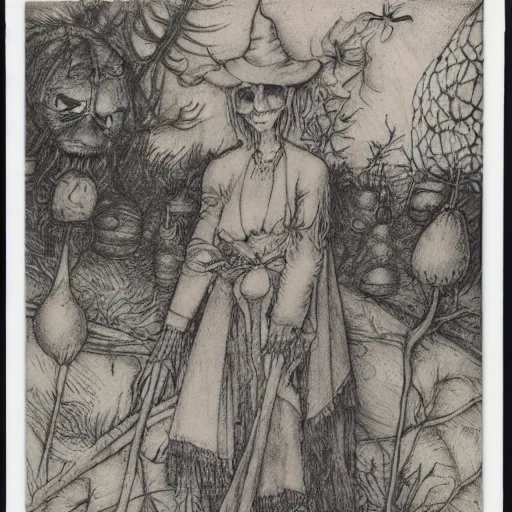 Image similar to luminus uncanny creepy witch's garden blob ray stem nectar liquor , by Judson Huss and Henriette Grindat and Albrecht Durer , An ink drawing , NFT , polaroid photo