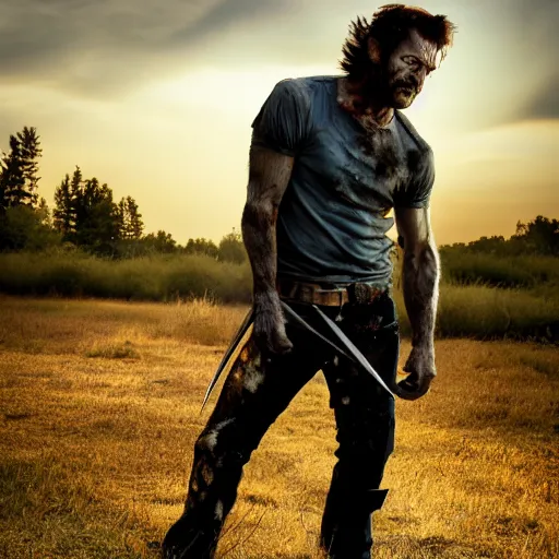 Image similar to wolverine, butcher, the walking dead zombie, full body by yousuf karsh, golden hour, realistic, body shot, sharp focus, 8 k high definition, insanely detailed, intricate, elegant