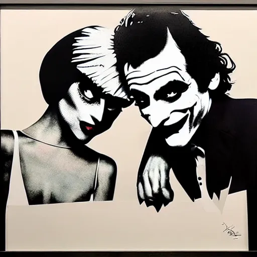 Image similar to richard hamilton and mimmo rottela and banksy as joaquin phoenix skinny joker holding hand lady gaga harley queen, ultra photorealistic, intricate details, pop art style, baroque, hyperdetailed, concept art, ultrarealistic, 3 colors, smooth, sharp focus