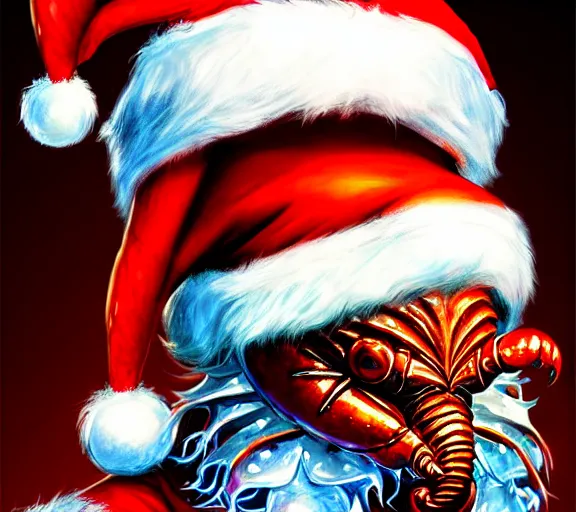 Image similar to magic : the gathering fantasy character concept art of the great anthropomorphic lobster wearing santa outfit by franz frazetta, high resolution. a clear portrait of powerful lobster wearing a santa outfit, magical christmas fantasy in background, fantasy coloring, intricate, digital painting, artstation, smooth, sharp focus