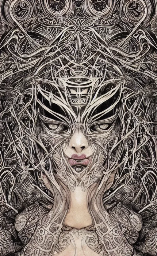 Image similar to Elder Ring themed painting of ancient hybrid majestic aztec shaman fantasy cyber human beautiful symmetrical face angry mask closeup face mask tattoo pattern golden ratio concept, deep forest psytrance Neo-Gothic concept, infinity glyph waves, intricate artwork masterpiece, very coherent artwork, cinematic, full frontal facial features by Artgerm, Takato Yamamoto, Zdizslaw Beksinski, Johnatan Wayshak, Moebius, H.R. Giger, Ayami Kojima, very coherent artwork, trending on cgsociety, ultra high quality model, production quality cinema model, high detail chromatic ink outline, octane render, unreal engine, 8k mandelbulber fractal, hyper realism, high detail, octane render, unreal engine, 8k, High contrast