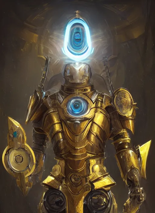 Image similar to dynamic head-on abstract portrait of a intricate glorious holy mechanical warforged character in yellow armor holding a paladin engraved great longsword drawn and carrying a big paladin shield, beam glowing eye , face in focus, epic , trending on ArtStation, masterpiece, cinematic lighting, by Ross Tran and by Greg Rutkowski