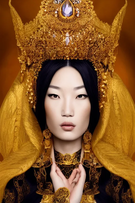 Prompt: a beautiful empress portrait, with a brilliant, impossible striking shiny big gold headpiece, reflective surface, gold clothes, rococo, baroque, jewels, asian, realistic, studio lighting, closeup, D&D, fantasy, intricate, elegant, highly detailed, digital painting, artstation, octane render, 8k, concept art, matte, sharp focus, illustration, art by Artgerm and Greg Rutkowski and Alphonse Mucha