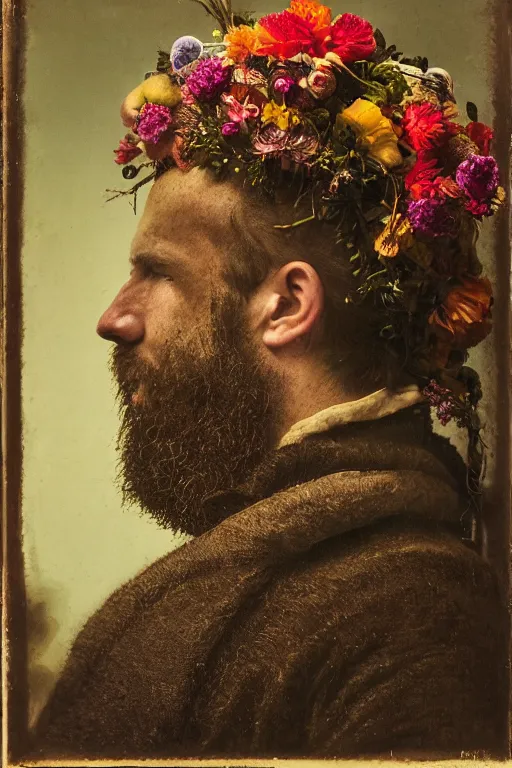 Prompt: a man's face in profile, long beard, a helmet made of flowers and fruit, in the style of the Dutch masters and Gregory crewdson, dark and moody