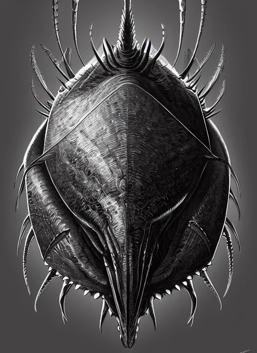 Image similar to anthropomorphic obtuse triangle head in edgy darkiron horseshoe crab, intricate, elegant, highly detailed animal monster, digital painting, artstation, concept art, smooth, sharp focus, illustration, art by artgerm, wayne barlowe, trending on artstation and greg rutkowski and alphonse mucha, 8 k