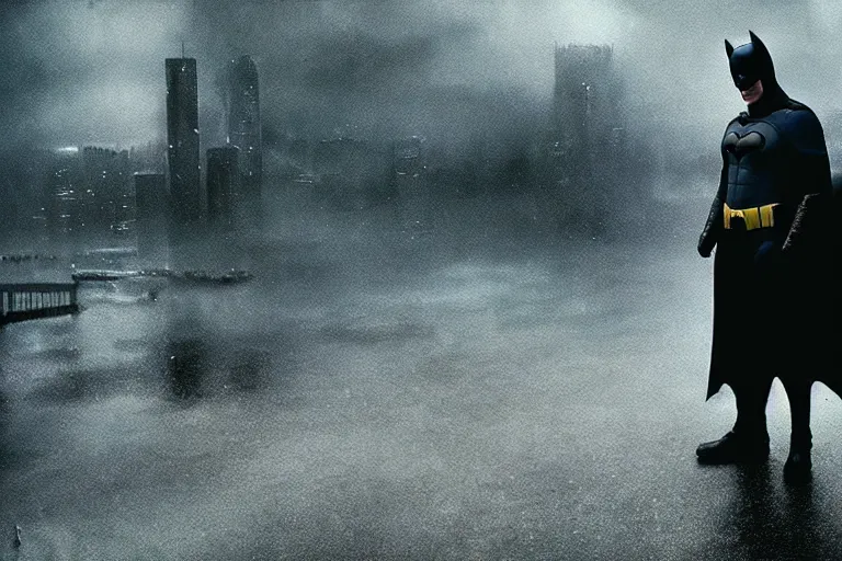 Prompt: a cinematic painting of bill crosby as batman near a dystopian cityscape on a rainy day, beautiful lighting, high depth, ultra realistic, artistic, by annie leibovitz