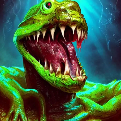 Image similar to a large slimy monster a with very long slimy tongue, dripping saliva, macro photo, fangs, red glowing skin, skin with scales, cinematic, tiny glowbugs everywhere, standing in shallow water, insanely detailed, dramatic lighting