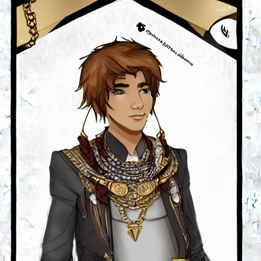 Image similar to a character final draft sheet of a handsome young man wearing excessive jewelry in a tasteful way