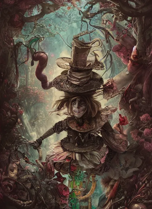 Image similar to alice in wonderland mad hatter death tarot card, highly detailed, cinematic, 8 k, by stanley artgermm, tom bagshaw, greg rutkowski, carne griffiths, ayami kojima, beksinski, giger, trending on deviantart, hyper detailed, horror, full of colour