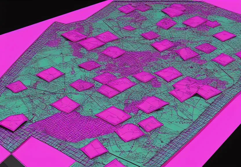 Image similar to “magenta theme, war tactic table with a map on it, unfinished borders, 4k, 3D, view from the side”