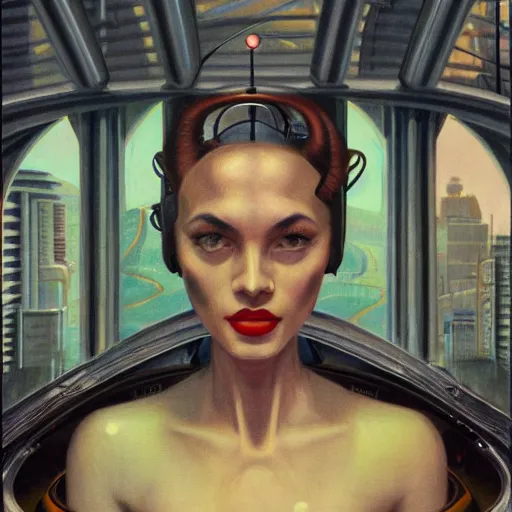 Image similar to detailed face of a woman, clockwork, moment, tectonic sky, skydome, bullet train, turbines, utopian, tech noir, wet reflections, prism, atmospheric, ambient, pj crook, syd mead, livia prima, greg rutkowski, edward hopper