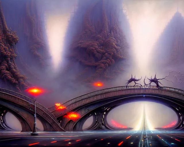 Image similar to street view of a bridge being held up by two handsl, fantasy landscape made of fractals facing each other, ultra realistic, wide angle, intricate details, the fifth element artifacts, highly detailed by peter mohrbacher, hajime sorayama, wayne barlowe, boris vallejo, aaron horkey, gaston bussiere, craig mullins