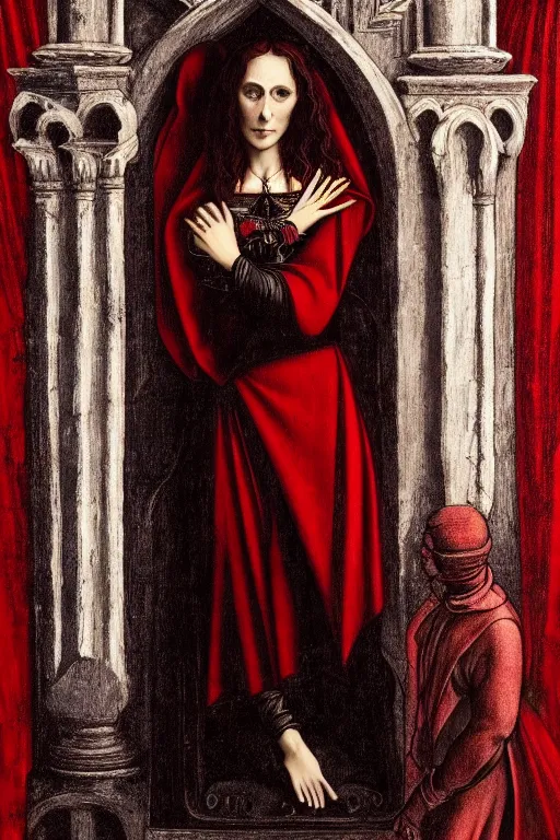 Image similar to a vampire in an ornate red dress, obelisks and black pyramids, candle light, oil painting, high detail, dark lighting, atmospheric, extremely detailed, intricate, da vinci, michelangelo, caravaggio, hans holbein, raphael, donatello, 8 k