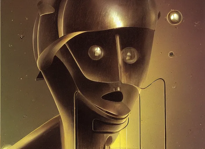 Image similar to a portrait headshot of sci fi metallic human, bright eyes, melancholic complex geometric figure liminal machinery by oskar schlemmer, moebius, john berkey, film grain, oil on canvas, portrait facial head, featured on artstation, hd wallpaper, 8 k