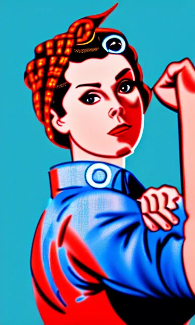 Image similar to photo of rachel bloom as rosie the riveter in real life, 8 k resolution