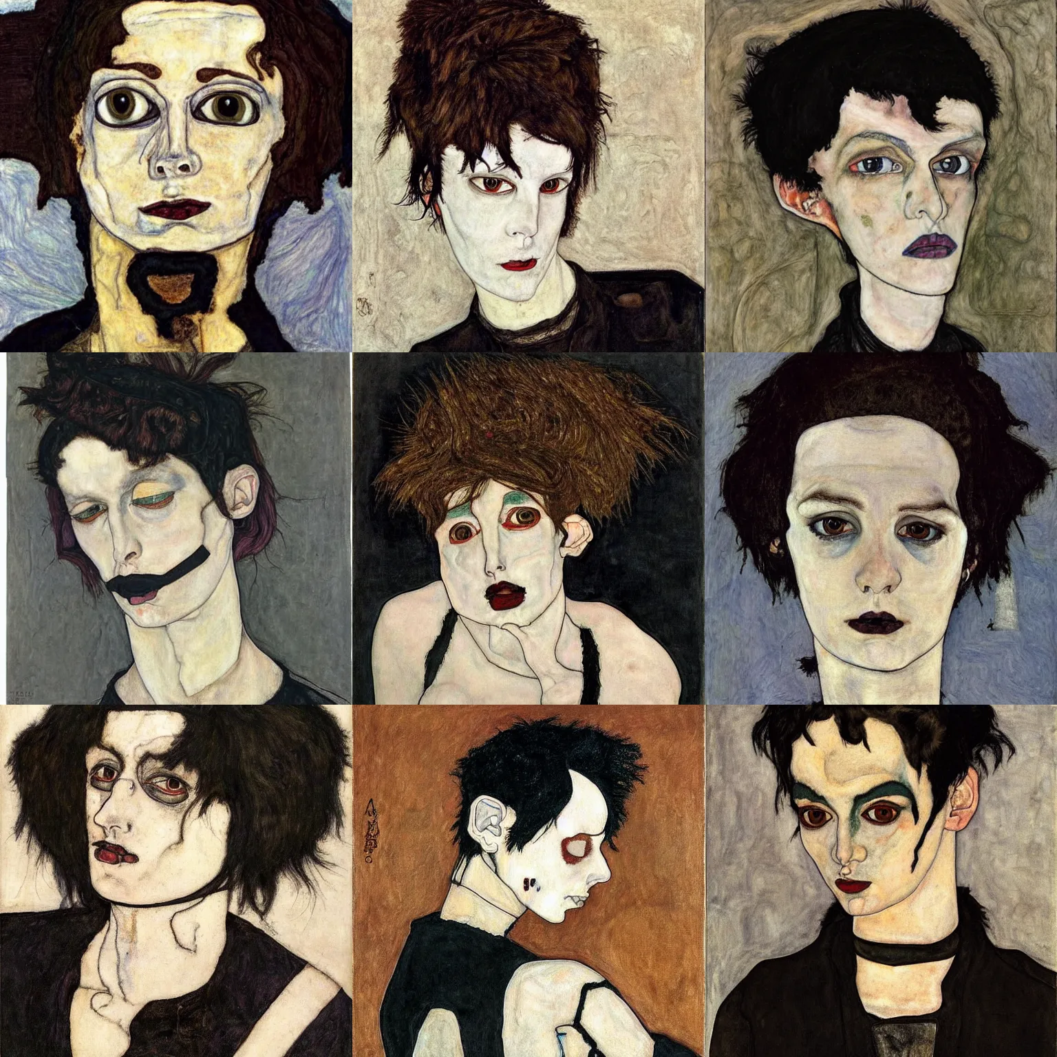 Prompt: A goth painted by Egon Schiele. Her hair is dark brown and cut into a short, messy pixie cut. She has a slightly rounded face, with a pointed chin, large entirely-black eyes, and a small nose. She is wearing a black tank top, a black leather jacket, a black knee-length skirt, a black choker, and black leather boots.