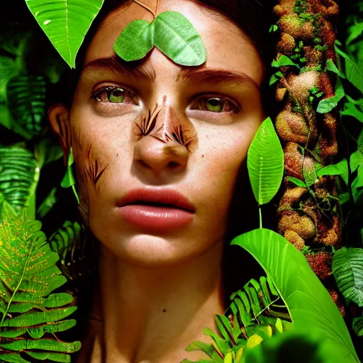 Prompt: photographic portrait of a stunningly beautiful amazonian tribal female face in amongst the jungle foliage, leaves, flowers, vines, contemporary fashion shoot, by edward robert hughes, annie leibovitz and steve mccurry, david lazar, jimmy nelsson, breathtaking, 8 k resolution, extremely detailed, beautiful, establishing shot, artistic, hyperrealistic, beautiful face, octane render