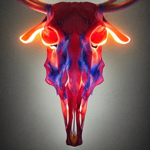 Image similar to glowing cow skull by leesha hannigan, ross tran, thierry doizon, orange glow, smooth colors,