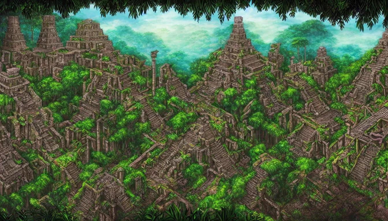 Image similar to way up the tower to the majestic ancient mayan temple jungle forest realm in the clouds , side-scrolling 2d platformer game level, swirling clouds, fantasy jungle vegetation, totem ruins with intricate mayan glyphs, dramatic dusk sun illuminates areas, volumetric light , detailed carved ornaments, rich color, upscale , 8k