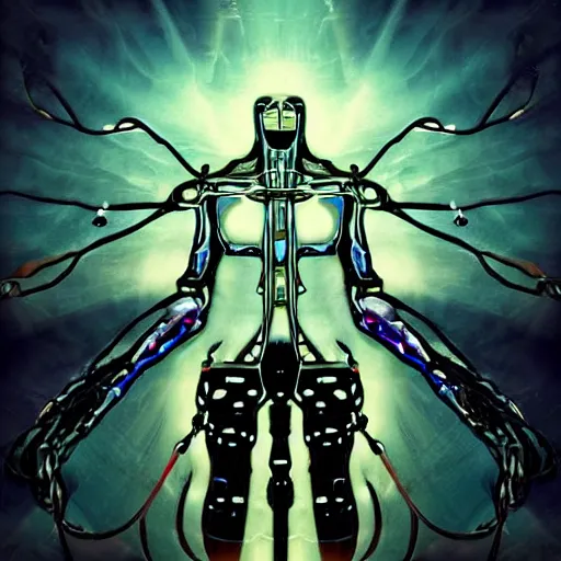 Prompt: a spiritually awakened cyborg wants to help humans free themselves from the chains of mental slavery and authoritarian politicians, surreal technological conceptual art magical cybernetic realism horror visions distopic and utopic art and the same time