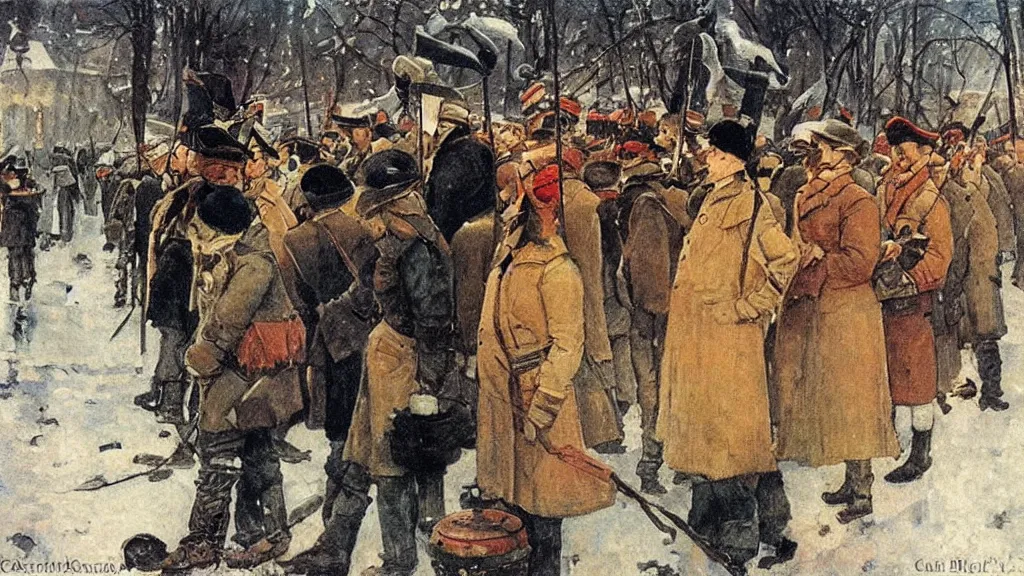 Image similar to russian revolution dieselpunk 1 9 1 0, dusk, drama, painting by carl larsson
