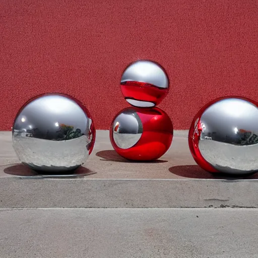 Prompt: chrome spheres on a red cube by gustave baumann