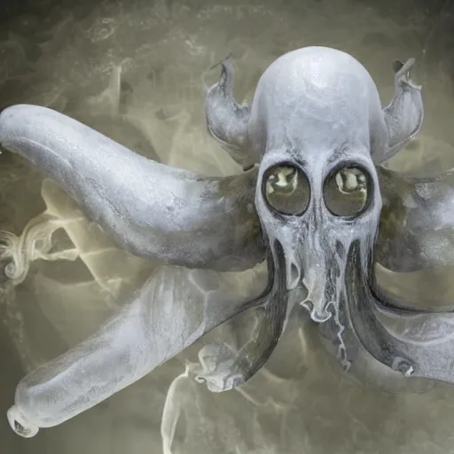 Prompt: octopus made out of evil skull with horns, beautiful underwater nature photograph with dynamic lighting and murky water