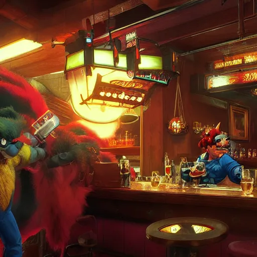 Image similar to an ultradetailed 3 d render of shadow the hedgehog and bowser sitting in a bar drinking beer, dive bar with a karaoke machine, volumetric lighting, 4 k, octane render, art by greg rutkowski and alphonse mucha and andreas rocha and albert bierstadt