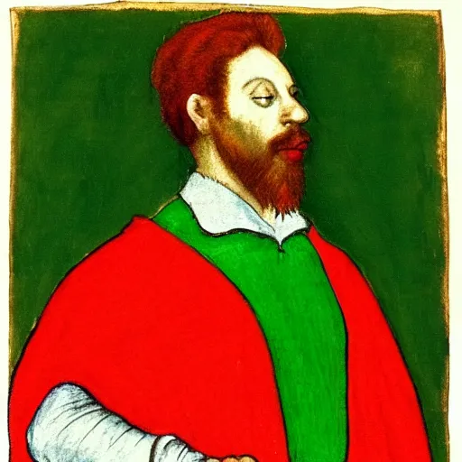 Prompt: a renaissance style full body portrait painting of an extremely muscular red haired man, wearing all green clothes, a crown, and green cape, dark background. In the style of Degas.