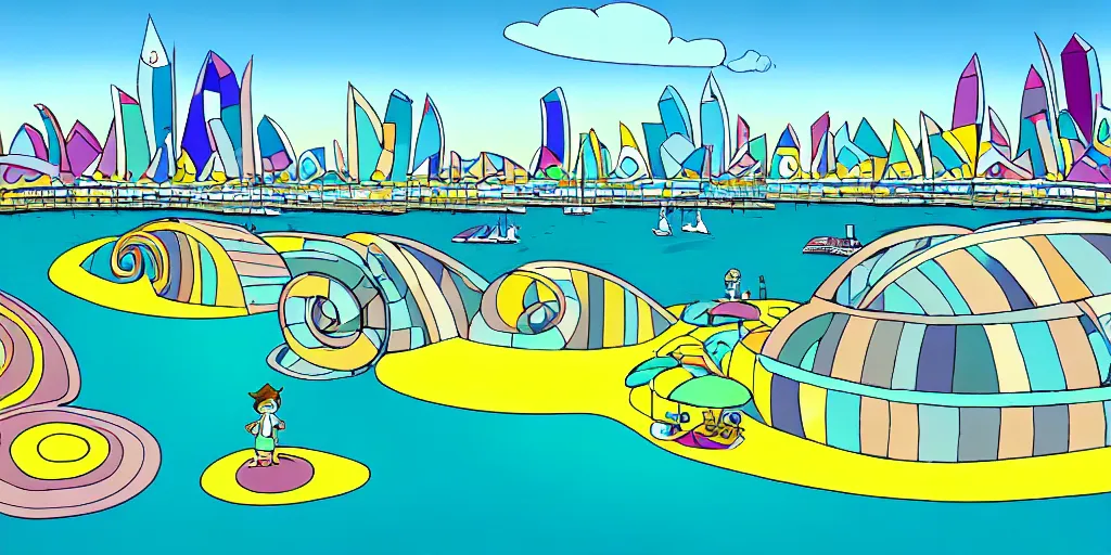 Prompt: chubby spiral shape cartoon concept art, docklands near the sea, from lorax movie, sam and max