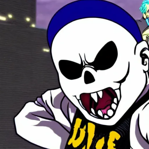 Image similar to Sans from undertale drawn in Jojo's Bizarre Adventure doing a jojo pose