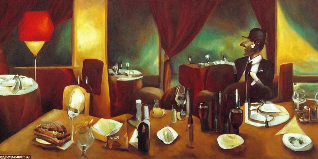 Prompt: a surrealist dream-like oil painting a five-star restaurant drinking red wine, with a steak on the table in front of him-H 704