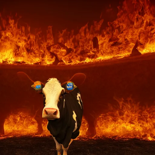 Prompt: a cow in hell, surrounded by fire, realistic render