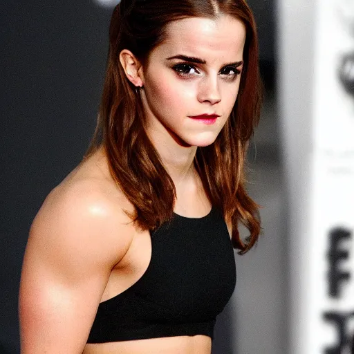 Image similar to emma watson, extremely muscular, cinematic, bodybuilder